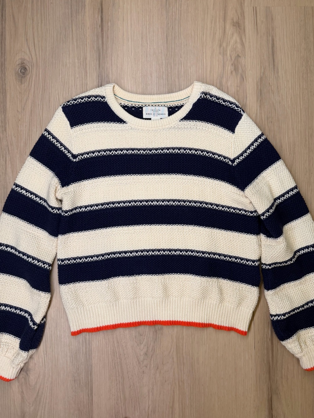 Trovata Striped Crewneck Sweater in Cream, Navy and Orange Trim